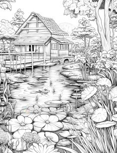 a black and white drawing of a house on the water with lily pads around it