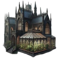 an artistic rendering of a gothic - style building with stairs leading up to the roof