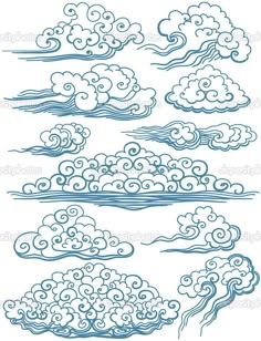 four clouds in the sky with different shapes and sizes, each one drawn by hand