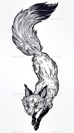 an ink drawing of a fox jumping up into the air with its tail spread out