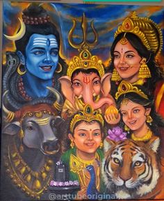 an oil painting of hindu deities and their pets, with the tiger on the right side