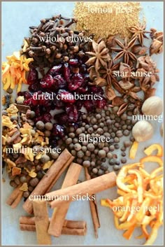 an assortment of spices and herbs on a white surface with words describing the different types of spice