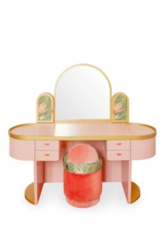 a pink dressing table with mirror and stools on it's sides, in front of a white background