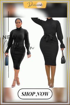 Black Knitted Long Sleeve Turtleneck Pullover Dress Elegant Non-stretch Sweater For Spring, Elegant Non-stretch Spring Sweater, Black Midi Sweater Dress For Winter, Chic Long Sleeve Solid Color Sweater Dress, Elegant Non-stretch Winter Sweater, Elegant High Neck Sweater For Fall, Elegant Party Sweater Dress, Chic Ribbed Sweater Dress, Solid Turtleneck Sweater Dress For Spring