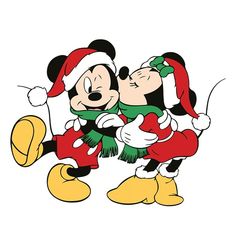 mickey and minnie kissing each other with santa hats on their heads, in front of a white background