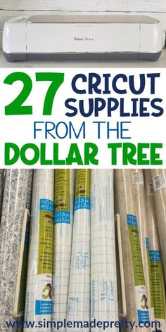 the words 27 cricut supplies from the dollar tree are in green and white