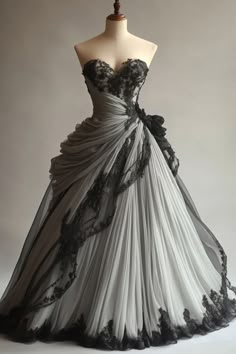 Gothic Ball Gown Wedding Dress, White Bridesmaid Dresses Black Wedding Dress, Grey And Black Wedding Dress, Modern Gothic Wedding Dress, Black Bridal Gown Wedding, Gothic Lace Wedding Dress, Black Corset Wedding Dresses, Black And Gray Wedding Party, Ivory Lace Wedding Dress Vintage