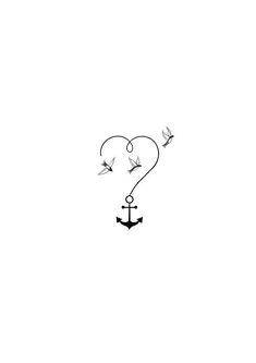 an anchor with three birds flying in the shape of a heart and one bird on it's tail