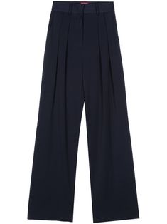 midnight blue twill weave belt loops pleat detailing two side slit pockets two rear button-fastening jetted pockets wide leg concealed front button, hook and zip fastening Weave Belt, Woven Belt, Pleated Trousers, Twill Weave, Socks And Sandals, Beachwear For Women, Bottoms Pants, Midnight Blue, Wide Leg Pants