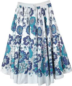 This is a mid length skirt with printed blue floral print and a voluminous fall. A beautiful white cotton skirt perfect for a relaxing cruise vacation or a date, the simple style and colors are reminiscent of the romantic and fun Greek islands. Match it with a solid color for a casual look or with a romantic blouse with intricate work details for a formal and festive look. The fabric feels very soft and gentle on the skin and does not need a lining. The elastic and drawstring on the waistband gi Blue Gathered Maxi Skirt For Summer, Blue Full Maxi Skirt For Summer, White Summer Cotton Maxi Skirt, Summer White Cotton Maxi Skirt, White Cotton Summer Maxi Skirt, White Cotton Maxi Skirt For Summer, Blue Voluminous Maxi Skirt For Summer, Summer Cotton Flared Maxi Skirt, White Floral Print Flared Skirt