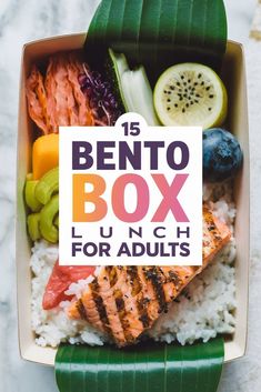 the bento box lunch for adults includes salmon, rice and fruit