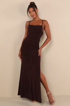 Your confident charm will only increase when you rock a look like the Lulus Complete Catch Brown Backless Lace Ruched Maxi Dress! Slinky and sultry knit fabric shapes this stunning dress that has adjustable spaghetti straps and a bodice with a straight neckline and an empire waist. At the back, a stunning low cowl frames a sheer panel of eyelash lace, for a sexy accent that will have everyone looking your way! Ruched details create a fitted skirt as that hugs the hips, falling to a maxi hem with Brown Dresses Formal, Chocolate Brown Dress, White Prom Dresses, Brown Bridesmaid Dresses, Black Tie Dresses, Tie Dresses, Lulus Maxi Dress, Brown Maxi Dresses, M And M