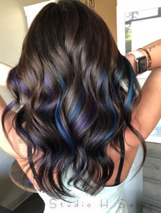 Purple Blue Highlights Black Hair, Colourful Hair Highlights, Dark Hair Pop Of Color Ideas, Blue And Purple Hair Highlights Brunettes, Brunette Colored Highlights, Balayage With Pops Of Color, Pop Of Hair Color, Subtle Fun Colors In Hair