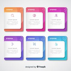 four steps with different colors and shapes for infos, presentations or web pages on white background