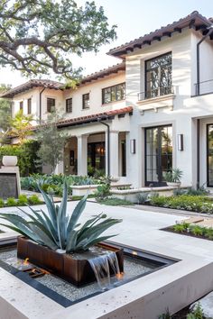 a house with a fountain in front of it and plants around the water feature area