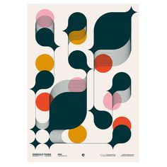 a poster with different shapes and colors on the front, in black, white, orange, pink, yellow and green