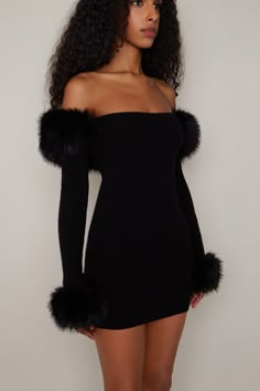 Your coziest must-have – meet our Faux Fur Off-The-Shoulder Dress. Knit for comfort and elegance, the fitted style is trimmed with plush faux fur that can be removed; this versatile dress is destined to become your favorite dress. Off-the-shoulder neckline Long sleeves Pullover style Detachable faux fur trim at collar and cuffs 5% Cashmere, 40% Wool, 10% Tess, 20% Viscose, 25% Nylon Model wears a size small Model measurements: Height 5’9”, Bust 32”, Waist 25.5”, Hips 35” Fancy Winter Dress, Off The Shoulders Top, Fur Mini Dress, Long Sleeve One Shoulder Dress, Birthday Outfit Long Sleeve, Fur Trimmed Dress, Lacy Dress Outfit, Fur Dress Outfit, Short Black Dress Outfit Party