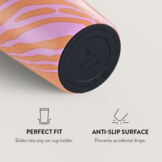 an orange and pink cup with the words perfect fit, anti - slip surface on it