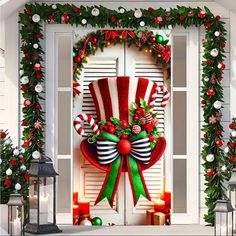 a christmas door decorated with candy canes and bows, wreaths and lights around it