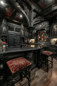 Explore the darkly elegant features of gothic kitchen designs that combine rich textures and luxurious details to create spaces that are both dramatic and functional. From ornate wood carvings to majestic metalwork, these kitchens are a feast for the eyes. Gothic Revival Kitchen, Elegant Black Kitchen, Victorian Farmhouse Kitchen, Black Kitchen Ideas, Craftsman Kitchens, Gothic Interior Design, Antique Kitchen Decor, Gothic Kitchen, Gothic Interior