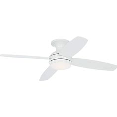 a white ceiling fan with a light on it's side and two blades in the middle