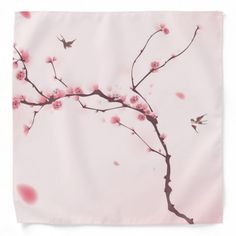 a pink background with flowers and birds flying around the tree branch in front of it