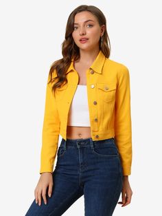 Shop Allegra K for button down long sleeve casual cropped denim jacket you are looking for, get more women's demin jackets for yourelf. Order now! Free Returns! Yellow Jean Jacket, Demin Jacket, Crop Jean Jacket, Trendy Jackets, Classic Denim Jacket, Jacket With Pockets, Cuffed Jeans, Cropped Denim Jacket, Work Party