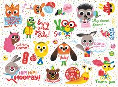 an assortment of stickers with different animals and words on the front, including one for children's birthdays