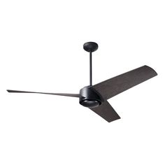 a ceiling fan that is black and has two dark blades on the blades, with one light