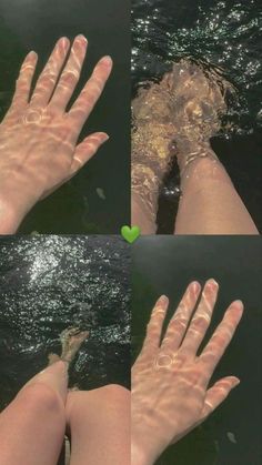 two pictures of someone's feet in the water with their hands out to touch them