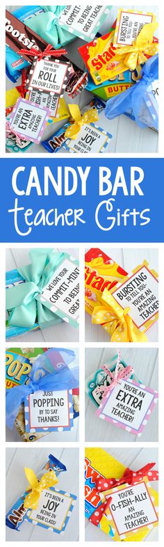 candy bar teacher gifts with the words candy bar on it and pictures of them in different colors