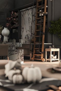 a living room filled with lots of furniture next to a tall wooden ladder on the wall