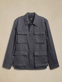 On ode to classic four-pocket field jackets from the early '80s, this iteration is crafted from beautiful linen.  Beloved for its ability to stay cool and crisp—even in heat and humidity—we selected this small-batch linen for its premium handfeel and its ability to achieve the rich patina of the best vintage styles, making each piece unique.  Warm: Unlined and perfect for layering.  Standard fit.  Point collar with button front.  Front and chest pockets.  Adjustable tabs at cuffs and back waist. Linen Jacket, Field Jacket, Small Batch, Stay Cool, Hip Length, Chest Pocket, Banana Republic, Vintage Fashion, Man Shop