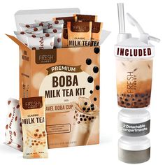 two bags of boba milk tea and one bag of frozen coffee are next to each other