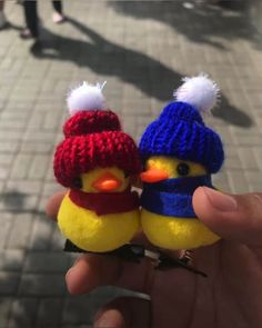 two small yellow and blue knitted birds with hats on their heads, held in someone's hand