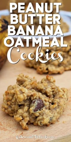 peanut butter banana oatmeal cookies on a cutting board with bananas in the background