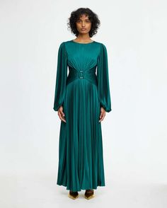 The norseman midi dress in myrtle green by acler is an elegant long sleeve dress featuring a pleated fabrication stitched waistband with gold hardware and ethereal sleeve with elasticated cuff.    - 100% polyester  - lined bodice  - #as2307110d-d1-f1-myrtle-green Draping Techniques, Myrtle Green, Couture Techniques, Green A, Gold Buttons, Thom Browne, Invisible Zipper, Jeans Dress, Victoria Beckham