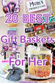 the best gift baskets for her is in this collage with text that reads, 20 best