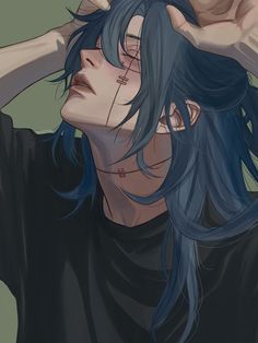 an anime character with blue hair and piercings on his ears, wearing a black t - shirt