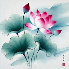 two water lilies with chinese writing on the bottom and one pink flower in the middle