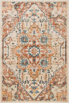 an orange, blue and beige rug with ornate designs on the bottom half of it