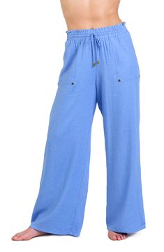 Drawstring ties with goldtone tips bring casual-cool style to these airy smocked-waist pants with breezy wide legs for poolside perfection. 30 1/2" inseam; 27" leg opening; 12 1/2" front rise; 15" back rise (size medium) Elastic/drawstring waist Side-seam pockets 80% rayon, 20% linen Hand wash, line dry Imported Chic Beach Wide Leg Pants With Drawstring, Chic Wide Leg Beach Pants With Drawstring, Summer Vacation Wide Leg Pants With Pull-on Style, Vacation Wide Leg Pants With Drawstring, Versatile Wide Leg Beach Pants, Versatile Wide Leg Pants For Beach, Resort Season Beachwear Bottoms With Wide Leg, Resort Season Beachwear Wide Leg Bottoms, Resort Season Wide Leg Beachwear Bottoms