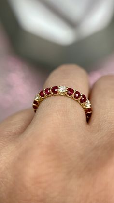 Ruby And Diamond Eternity Ring, Ruby And Diamond Band, Ruby Round Eternity Band Fine Jewelry, Elegant Ruby Eternity Band, Ruby Round Cut Eternity Band, Fine Jewelry Ruby Eternity Band Round Cut, Elegant Ruby Gemstone Eternity Band, Yellow Gold Jewelry With Lab-created Ruby In Prong Setting, Elegant Red Round Cut Eternity Band