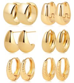 PRICES MAY VARY. 【Fashion Design Gold Earrings Set】You will get 9 pairs gold hoop earrings of different size and design. They are classic style that will never go out of fashion. One set will suit you for all occasions and outfits. You can wear it alone or wear several together. A good match makes you more elegant and charming. 【High Quality Material Guarantee】Our huggie earrings for women are 14k gold plated, free of lead and nickel, and hypoallergenic. You don’t worry about fade or rust. Gold- Gold Hoop Earring Set, Gold Hoop Earrings Aesthetic, Winter Jewelry Trends, Plain Earrings, Thick Earrings, Chunky Gold Earrings, Christmas Sleepover, Hoop Earrings Aesthetic, Bday Wishlist