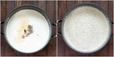 two pictures showing how to make the batter in a saucepan