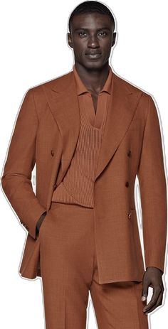 Brown Long Sleeve Double Breasted Suit For Business Casual, Brown Double Breasted Suit With Lapel Collar For Office, Brown Tailored Double Breasted Suit With Lapel Collar, Brown Double Breasted Suit With Lapel Collar, Brown Double-breasted Suit For Business, Brown Double-breasted Suit With Double Button Closure, Formal Brown Double Breasted Suit, Brown Double Breasted Suit For Formal Occasions, Semi-formal Brown Double Breasted Suit With Welt Pockets