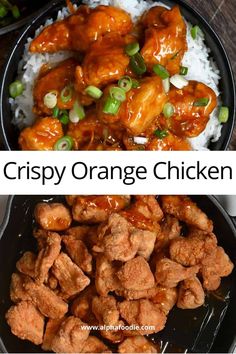 orange chicken with rice and green onions in a black bowl on a wooden table next to an image of the recipe for crispy orange chicken