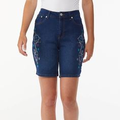 These Dark Blue Denim Shorts Are Very Cute With Embroidered Flowers On The Legs. Great For Any Summer Outing. * High Waist * 60% Cotton, 27% Polyester, 12% Rayon, 1% Spandex * Machine Wash Cold * Imported Embroidered Mid-rise Medium Wash Bottoms, Medium Wash Embroidered Mid-rise Bottoms, Embroidered Dark Wash Denim Bottoms, Embroidered Medium Wash Short Jeans, Embroidered Blue Jean Shorts, Embroidered Short Length Jeans In Medium Wash, Embroidered Short Length Medium Wash Jeans, Floral Embroidered Cotton Short Jeans, Floral Embroidery Short Length Cotton Jeans