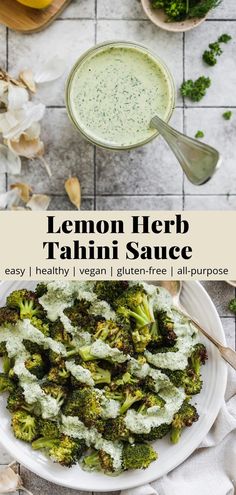 lemon herb tahini sauce on a plate with broccoli and parsley in the background