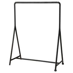 a black metal clothing rack with two legs and an iron frame on the bottom, against a white background